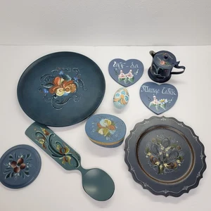  Lot Of 9 Norwegian Scandinavian Rosemaling Hand-painted Wood Folk Art Decor Vtg - Picture 1 of 15