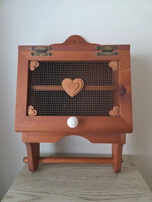 Vtg Wood Wall Cabinet With Towel Holder Farmhouse Country Cottage Hearts - Image 1 of 4