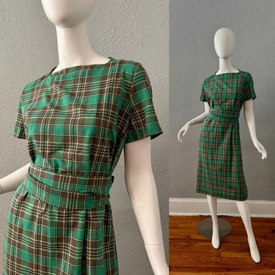 Vintage 60s Green Plaid Shift Mod Midi Dress M/L - Image 1 of 4