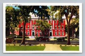 Vintage CVJM Lockport NY Leinen Postkarte mit Oldtimern - Bild 1 von 2