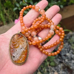 Chinese Antique Carved Agate pendant necklace and Beads 1920s Republic / Qing - Picture 1 of 12