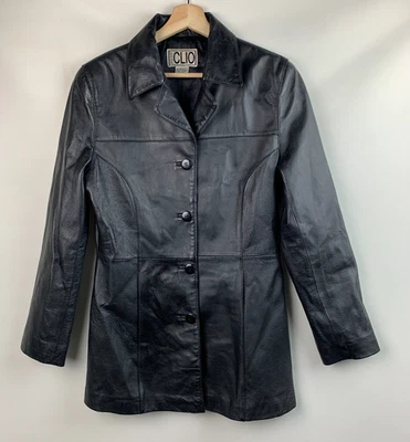 Chaqueta de Cuero CLIO Cuero Negro Cuello Botones Bolsillos Forrados Talla 6 Foto 1 de 4