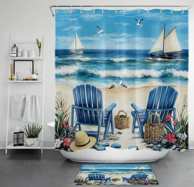 Juego de accesorios de baño cortina de ducha costera playa océano azul Hawaii tropical Foto 1 de 4