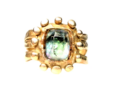 Anel de bronze dourado estilo antigo - Pedra Abalone - Tamanho 10 - Imagem 1 de 3