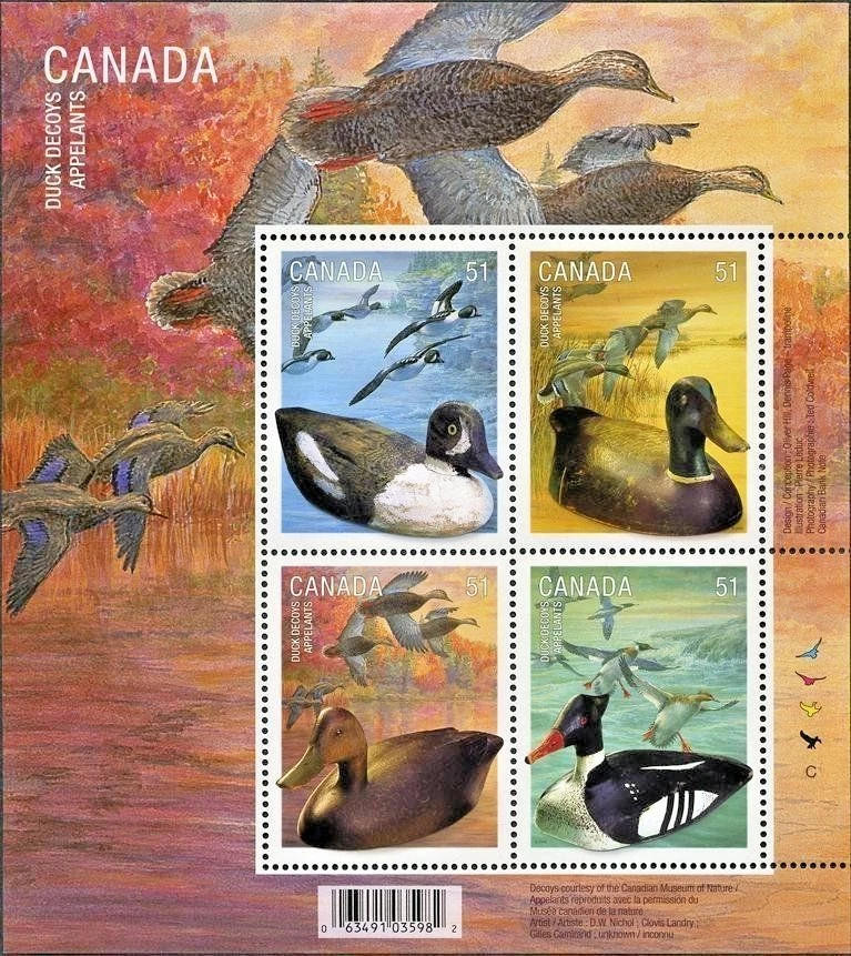 Canada Stamps - Souvenir Sheet of 4 - Duck Decoys #2166b - MNH - Image 1 of 1