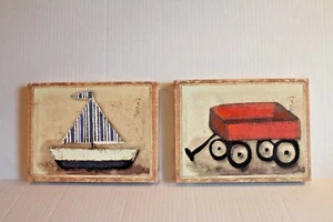 Red Wagon & Blue Sailboat 2 Canvas Pictures for Boy's Room Wall Decor EUC - Picture 1 of 2