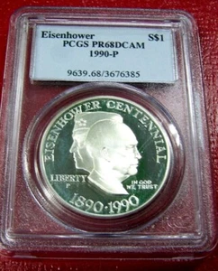 1990-P $1 Eisenhower Centennial Commemorative Silver Dollar PCGS PF 68 DCAM-dx - Picture 1 of 4
