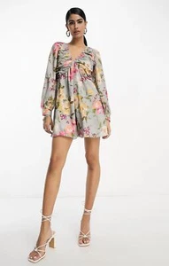 In The Style Womens X Georgia Louise Volume Sleeve Lace-Up Back Flippy Playsuit - Picture 1 of 16