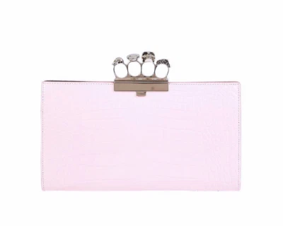 Alexander McQueen - Flat Knuckle Bag -  Pink Croco Leather Silver Skull Clutch - Image 1 of 4