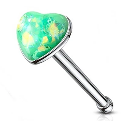 Nose Bone Ring Heart Glitter Opal Green 3mm Head 20 Gauge 1/4" Steel  - Изображение 1 из 3