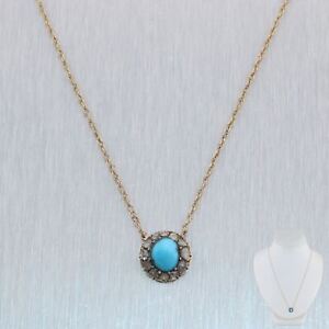 1880 Antique Victorian 14k Yellow Gold Turquoise & Rose Cut Diamond 19" Necklace