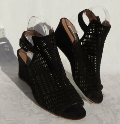 HALOGEN Nordstrom Black Suede Leather Laser Cut Wedge Sandals Shoes  7.5  ROSINA - Image 1 of 4