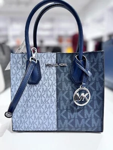 Michael Kors Mercer Medium Messenger Crossbody Bag MK Signature Blue Navy Multi - Picture 1 of 7
