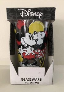 Disney Glassware  Mickey And Minnie Mouse 16 Oz. Kiss Dots Glass NIB - Picture 1 of 9