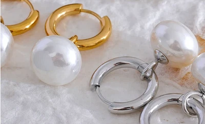 Gold Plated Silver Color Stainless Steel Fresh Water Pearls Dangle Drop Earrings - Image 1 of 4