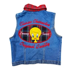 Vintage Looney Tunes Tweety Denim And Plaid Vest 90s Big Kids Girls - Picture 1 of 6