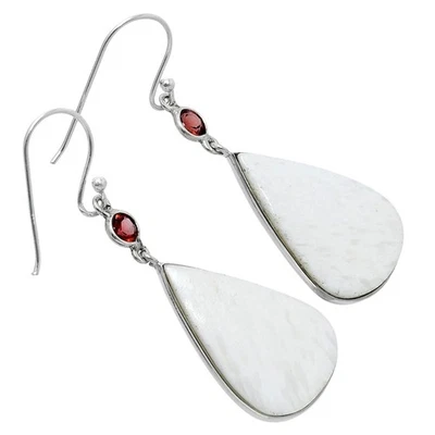 Natural White Scolecite & Garnet 925 Sterling Silver Earrings Jewelry E-1002 - Image 1 of 4
