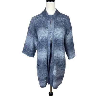 Cárdigan largo suéter con capas Chico's talla 2 azul gris tejido mezcla lana cremallera Foto 1 de 4