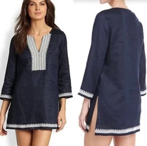 Tory Burch Skye 100% Linen Navy Embroidered ¾ Sleeve Tunic Size L - Picture 1 of 7