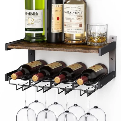 Estante de vino montado en la pared con percha de vajilla, soporte para copa de vino industrial, gl... Foto 1 de 4