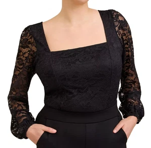 Torrid Women 1 1X Top Black Square Neck Stretch Lace Blouse Long Puff Sleeve - Picture 1 of 4