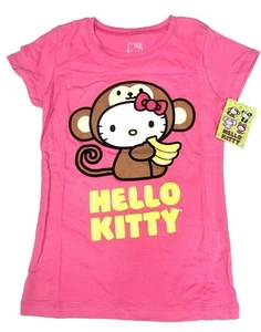 Hello Kitty Monkey Tee NWT Kids L 8/9 Pink 2015 Sanrio Fine Glitter Banana Rare - Picture 1 of 3