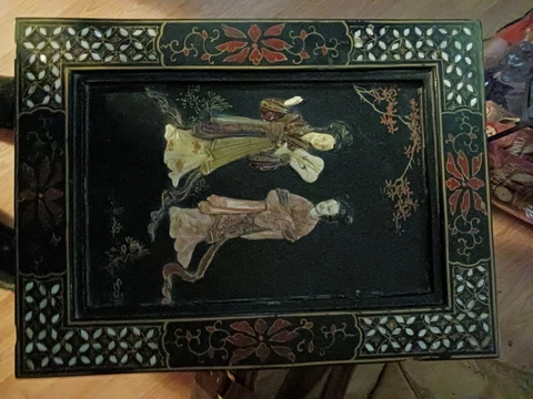 Stunning Antique Inlay Mother Of Pearl Oriental Hand Painted Table Cover