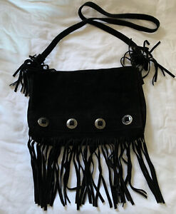 Black Handbag Suede Fringe Shoulder Crossbody Bag Women Hobo Silver Hardware