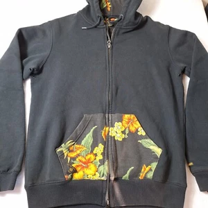 10.DEEP Full-Zip Hoodie Sweatshirt Sz M Black Floral Pockets Streetwear Skater - Picture 1 of 9