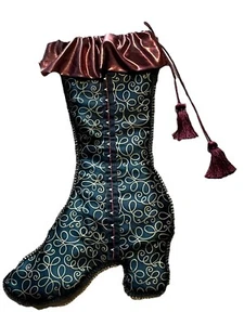 Victorian Shoe Boot Large Christmas Stocking Eyelets Tassels Black Burgundy 24” - Picture 1 of 9