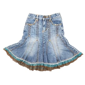 Vintage Y2K Mary Kate & Ashley Denim Mermaid Skirt Blue Brown Tulle Trim 4 Circl - Picture 1 of 6