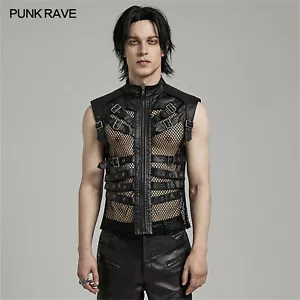 PUNK RAVE Men Black Gothic Punk Handsome Mesh Leather Loop Hollow Vest Waistcoat - Picture 1 of 21