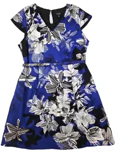 Vestido Spense ~Mujer Talla Grande 16W~ Azul/Blanco Estampado Floral Cuello en V Bolsillos con Cinturón - Imagen 1 de 14