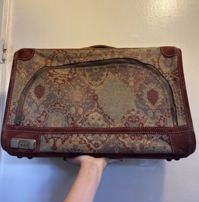 Vintage FRENCH LUGGAGE COMPANY 21” x 14” Tapestry Carpet Suitcase Red Rust Suede - Image 1 of 4