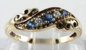 9CT 9K GOLD SAPPHIRE & DIAMOND VINTAGE INS GYPSY BAND RING FREE RESIZE - Picture 1 of 5