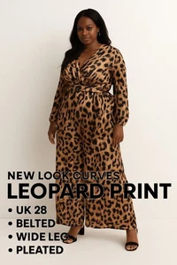 New Look Curves Leopard Jumpsuit UK28/26 Wide Leg Pleated Belted BNWT V-Neck - Picture 1 of 14