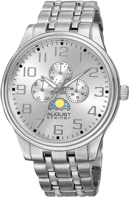 August Steiner AS8174SS Month Day Date AM PM Subdials Silvertone Mens Watch - Image 1 of 4