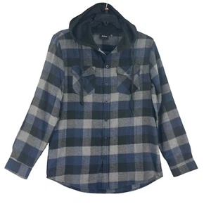 Revess Mens Flannel Shirt Hooded Button Size L Blue Check Grunge Streetwear - Picture 1 of 12
