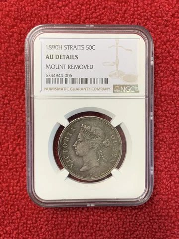1890-H Straits Settlements 50 Cent Silver Coin NGC AU Details Mount Removed Cover
