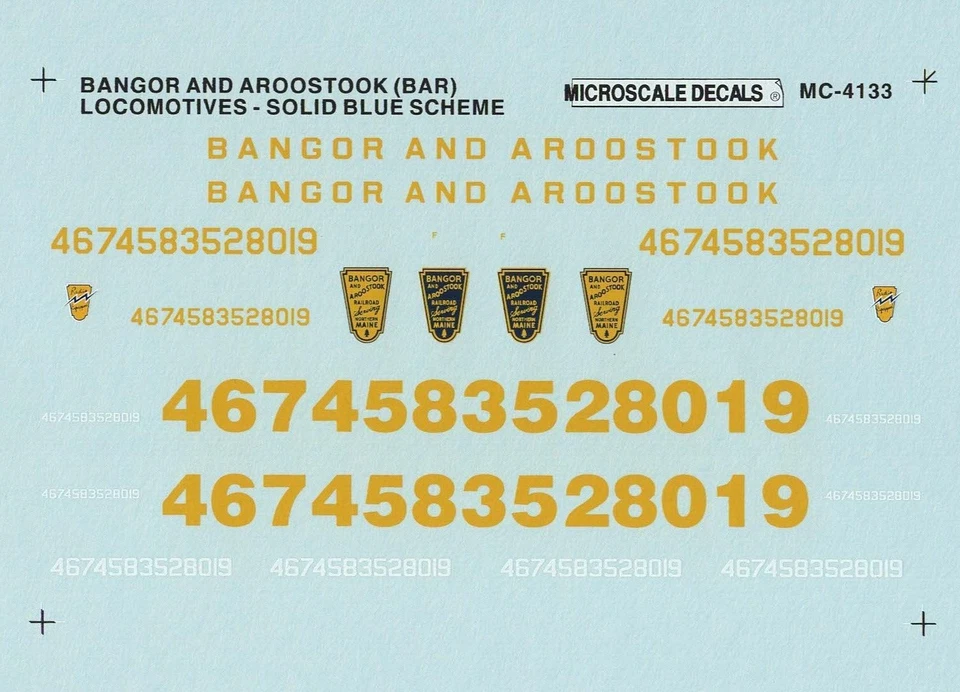 Microscale MC-4133 HO Bangor & Arostook BAR Locomotives (Solid Blue) Decals - Image 1 of 1