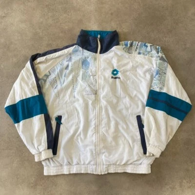 Lotto Track Jacket Mens Large Y2K Boris Becker Tennis Windbreaker, White Green - Image 1 of 4