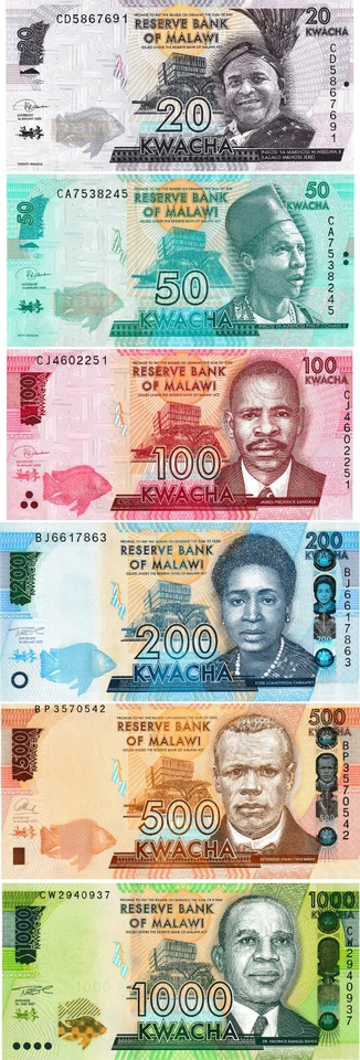 Malawi Set 20, 50, 100, 200, 500, 1000 Kwacha, Juego de 6 Billetes, Sin Circular Foto 1 de 2