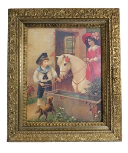 Vintage Ornate Gold Frame Victorian Children Boy Girl Pony Horse Dog Print - Picture 1 of 19