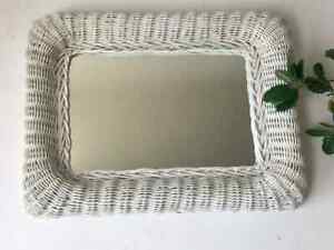 VTG White Wicker Wall Mirror Beach Cottage Style 12x16 Hanging Wood Frame