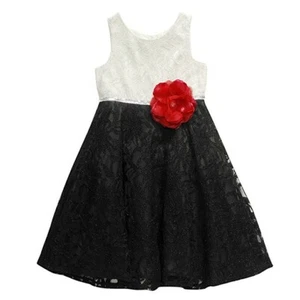 Bloome Girls Lace Occasion Dress 16 Rhinestone Red Flower White Black - Picture 1 of 7