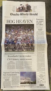 Gage Wood Arkansas Razorback béisbol CWS sin bateador periódico Omaha Serie Mundial - Imagen 1 de 1