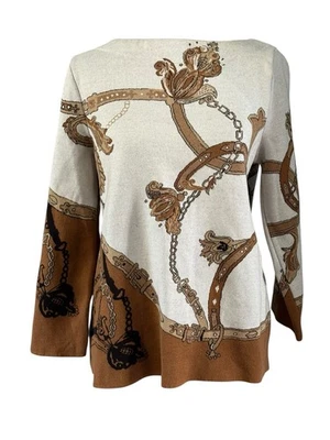 Chico’s Boatneck Classic Equestrian Horse Bit Chains Sweater Beige Tan SZ 1 Med - Imagem 1 de 4