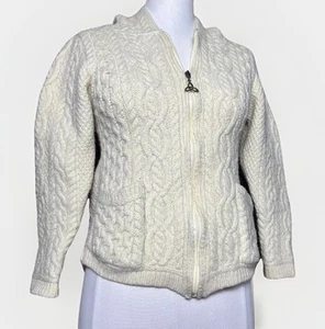 Vintage irischer Wollpullover Damen Small Aran Mor durchgehender Reißverschluss Zopfmuster Kapuze elfenbeinfarben - Bild 1 von 14