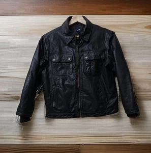 Vintage Gap Leather Bomber Trucker Jacket Youth Size M/L Black Aviator Coat - Picture 1 of 8