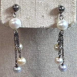 Vintage Sterling Silver Pearl Dangle Chain Earrings 925 Marked Bridal Wedding - Picture 1 of 7